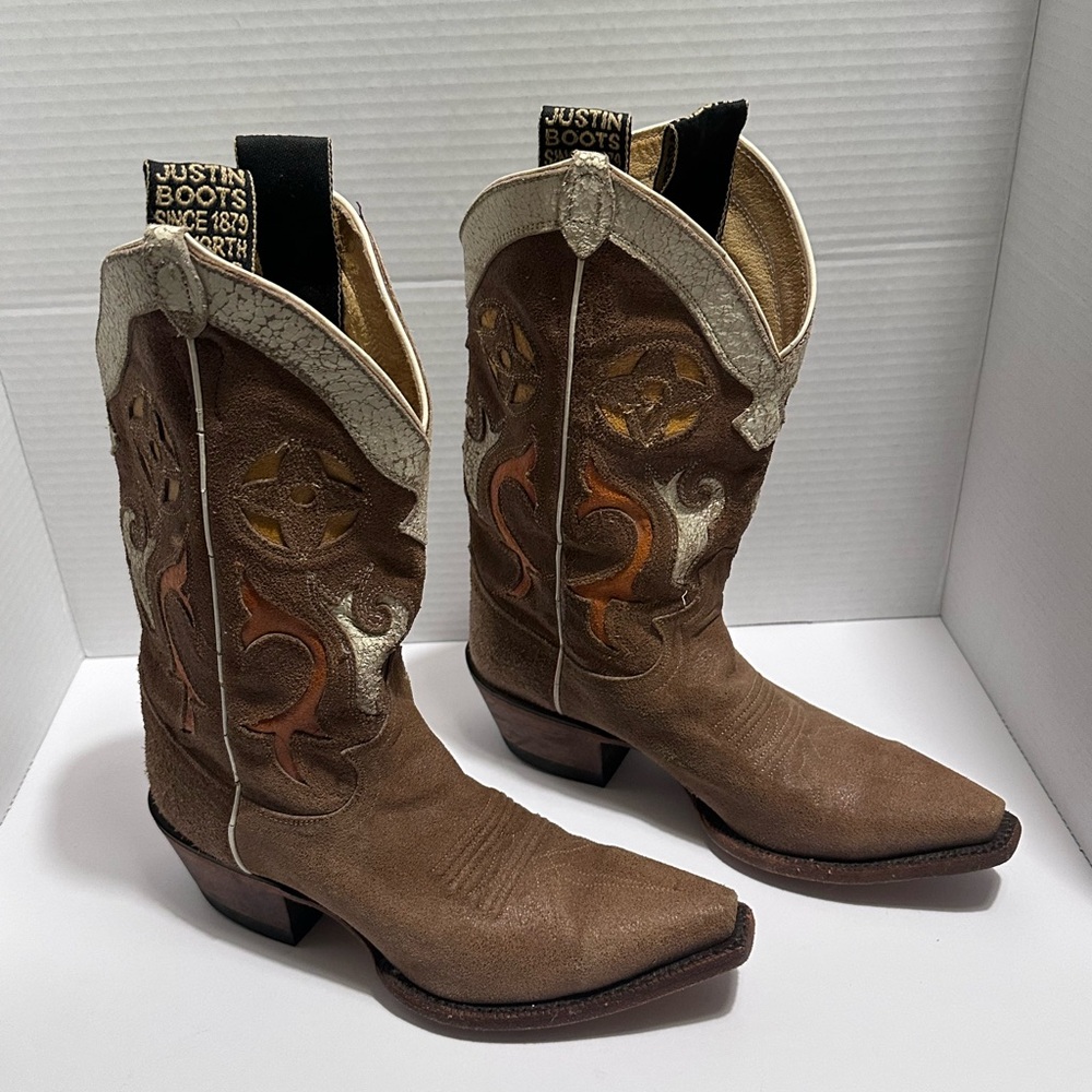 Justin Boots Brown and Cream Leather Western Boots Cowgirl Boho size 6.5